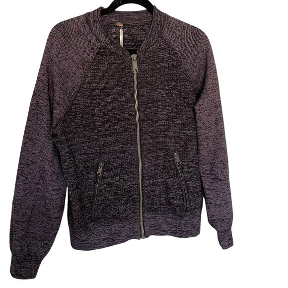 Free People Sweater Women Medium Heather Dark Purple Bomber Jacket Zip Front - Picture 14 of 16